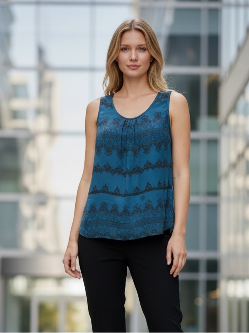 LOFT Petite Sleeveless Blouse Women XXSP Blue Black Medallion Print Work Top